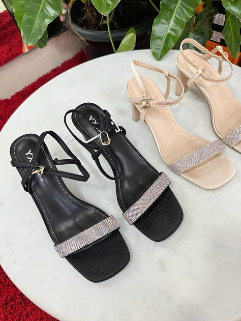 Rhinestone Embedded Buckle Straps Heels